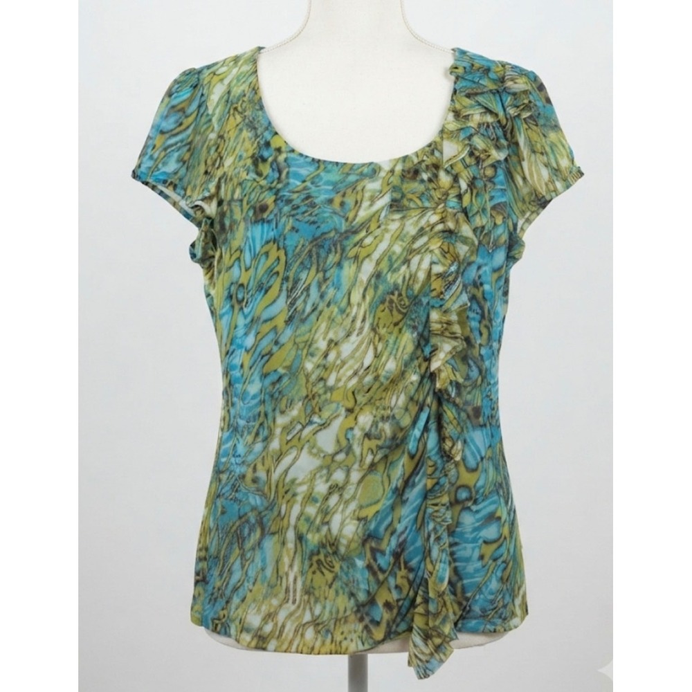 INC Y2K Abstract Ruffle Blouse Top Large Blue Green Whimsigoth Fairy Sheer Mesh